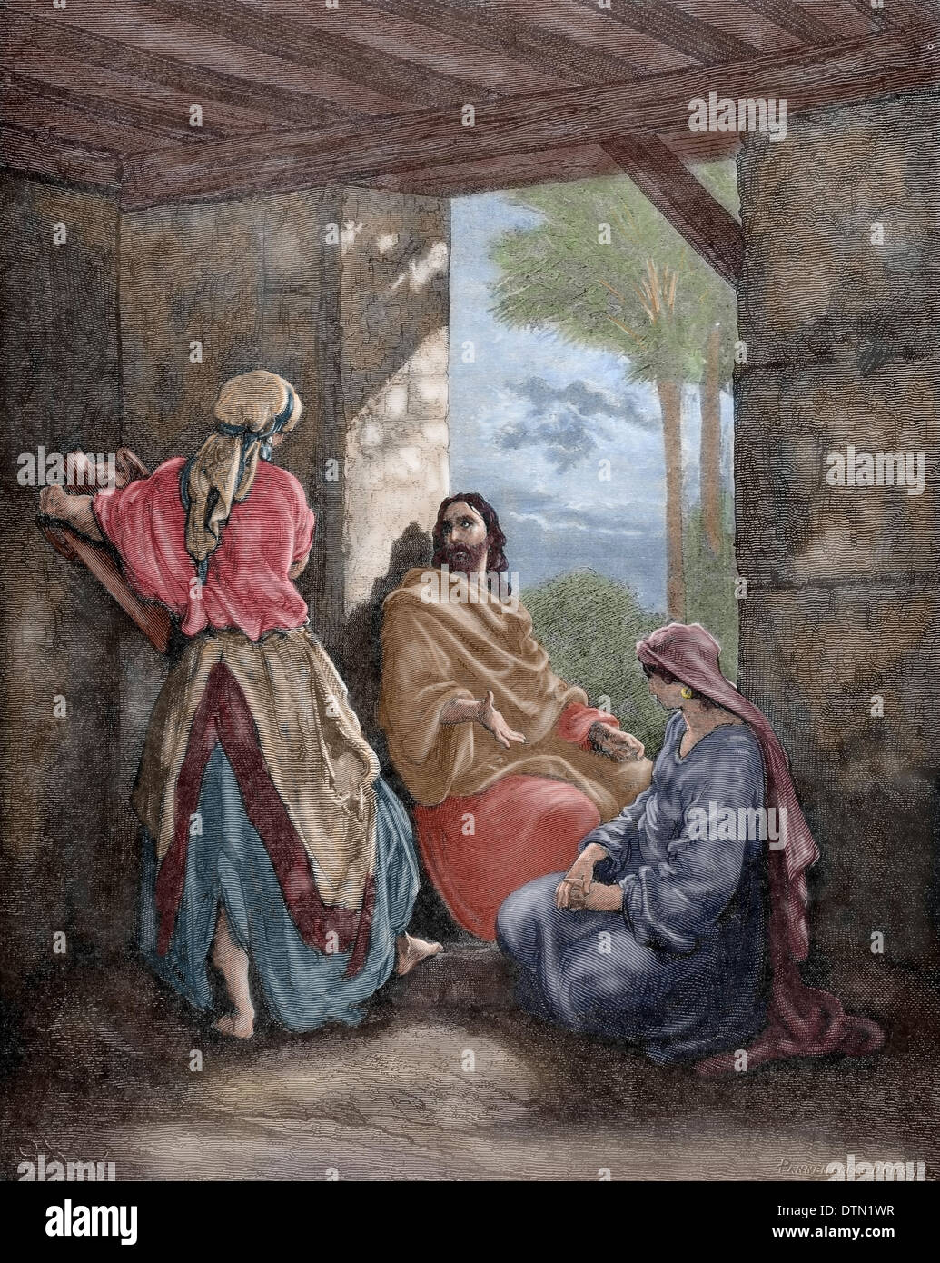 Nouveau Testament. Evangile de Luc, Chapitre X. Jésus dans la maison de Marthe et Marie. Gravure en couleur. Banque D'Images