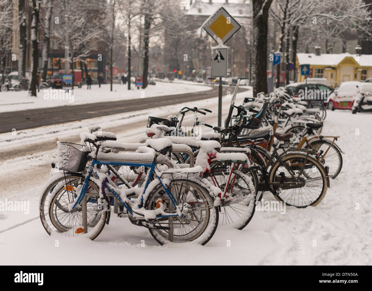 Une rangée de vélos à Amsterdam, recouvert de neige. Banque D'Images