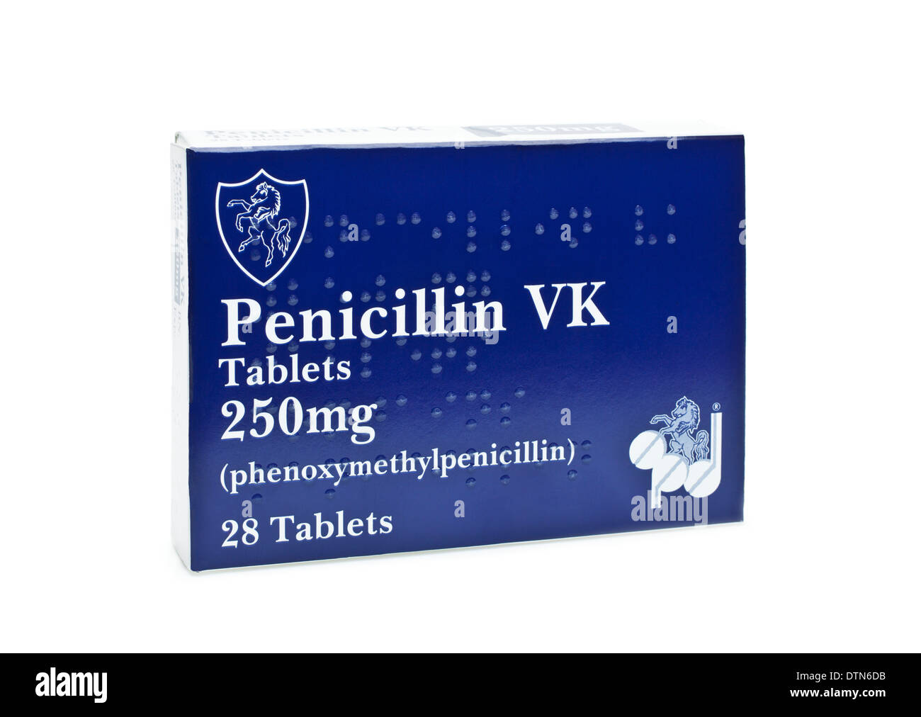 Boîte de 28 comprimés de pénicilline vk un cours de 7 jours d'antibiotiques comprimés antibiotiques sur un fond blanc streptocoque a antibiotiques Banque D'Images