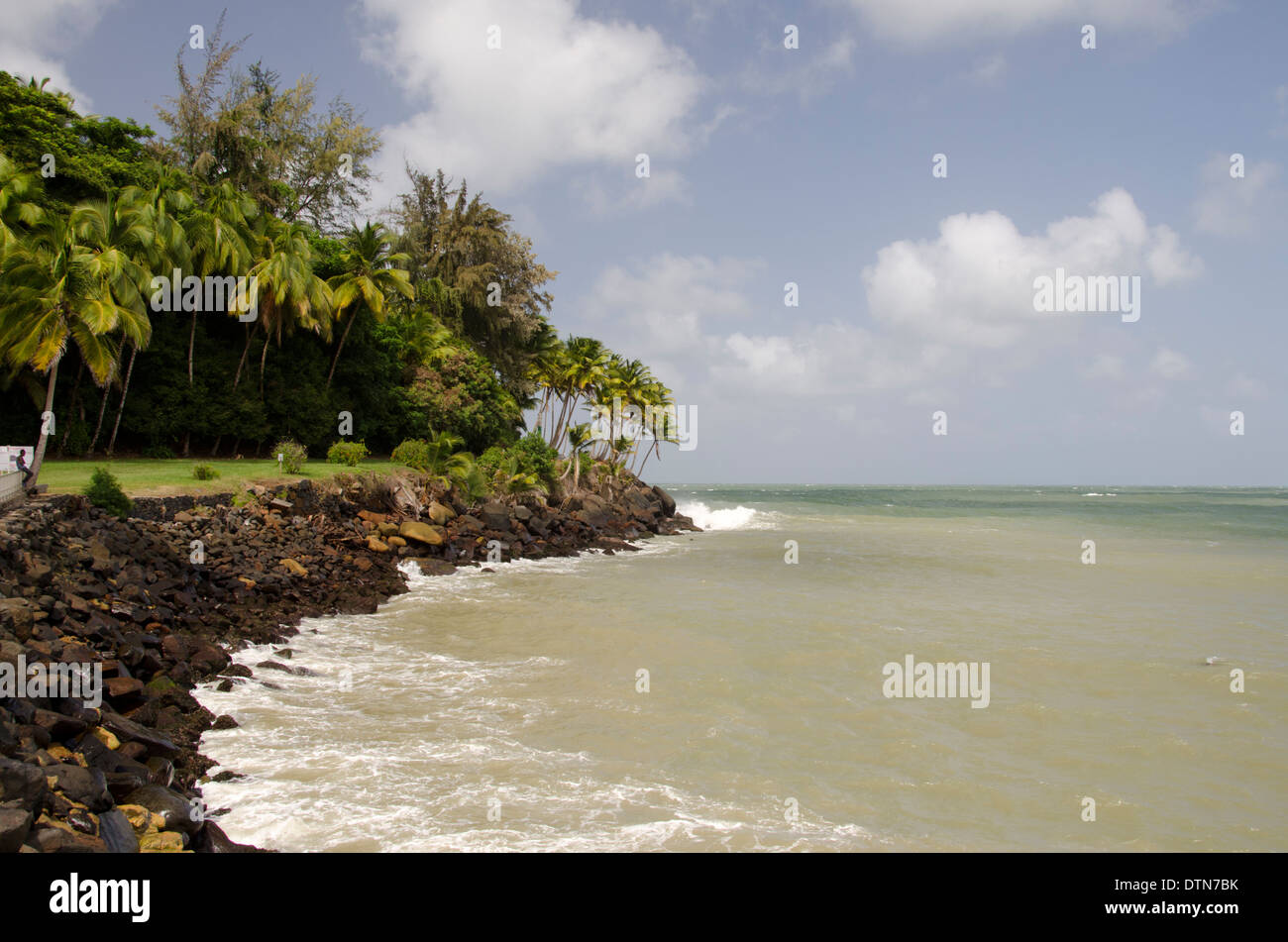 Guyane, Iles du salut. Accueil à l'île Royale bagne tristement célèbre, la côte rocheuse. Banque D'Images