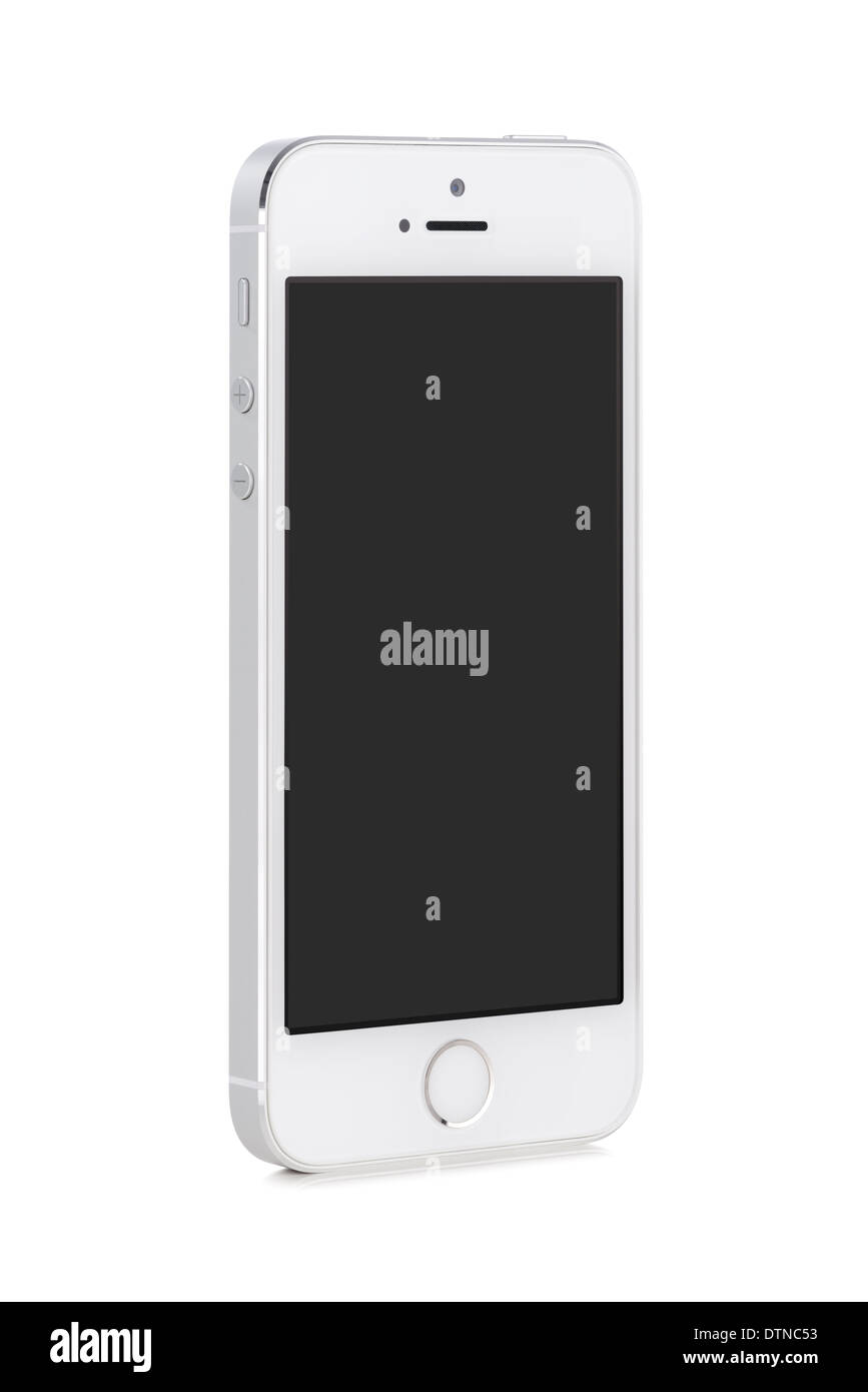 Vue de bas en haut en rotation à un angle léger moderne blanc téléphone intelligent avec écran blanc isolé sur fond blanc. Banque D'Images