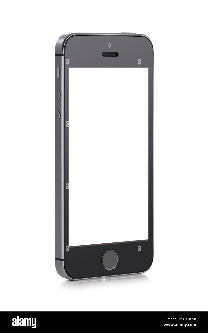 Vue de bas en haut en rotation à un angle léger moderne noir téléphone intelligent avec écran blanc isolé sur fond blanc. Banque D'Images