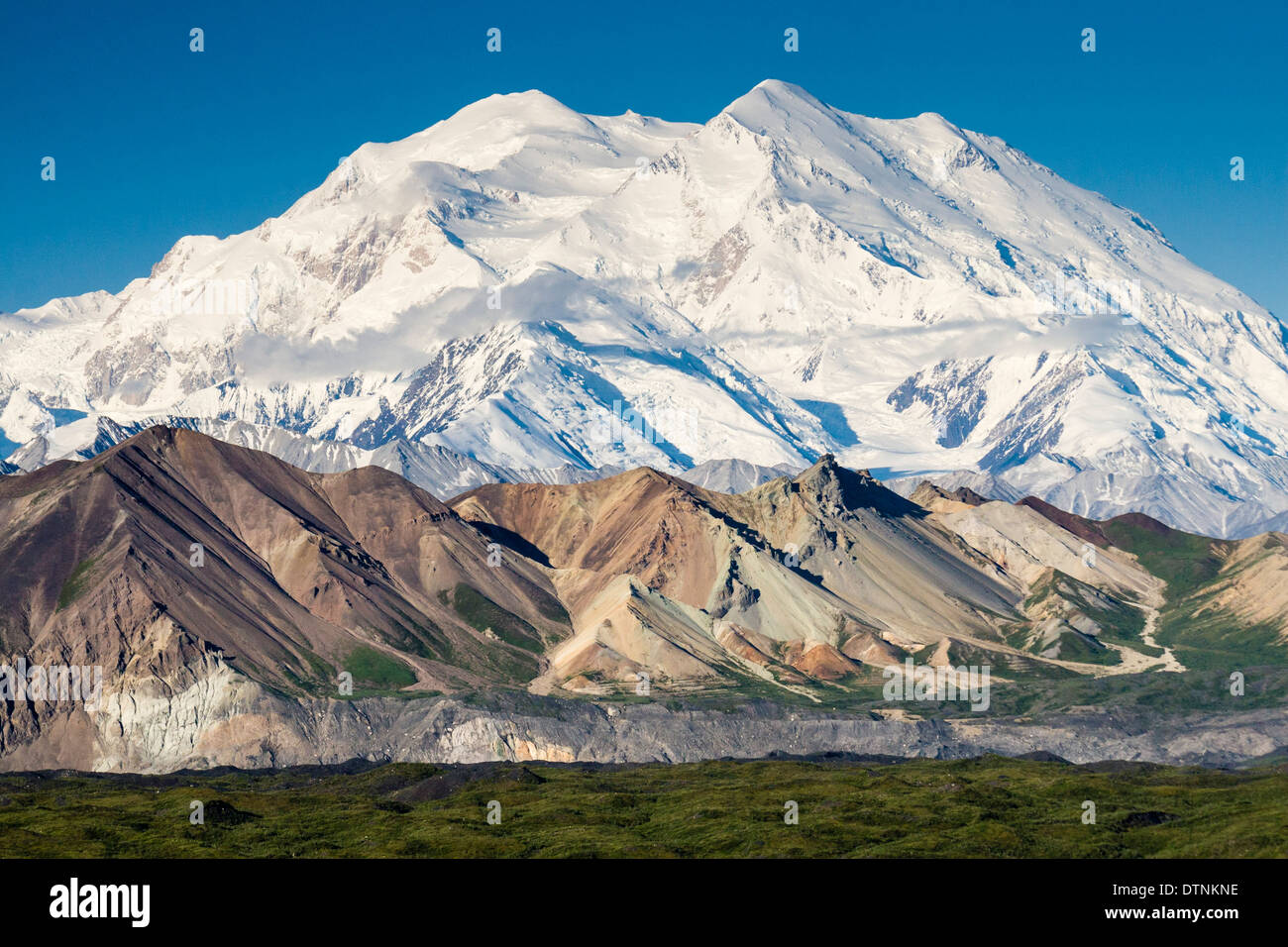 Les pics d'Amérique du Nord et du Sud (anciennement Denali Mt. McKinley) vue à partir de la route près d'Eielson Visitor Center. Le Parc National Denali et préserver, de l'Alaska. Banque D'Images