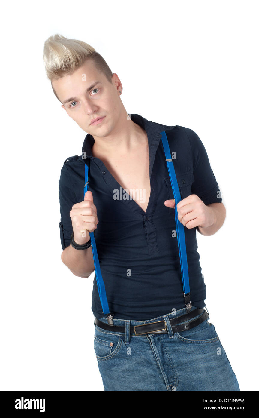 Homme habillé en jeans et chemise à bretelles Photo Stock - Alamy
