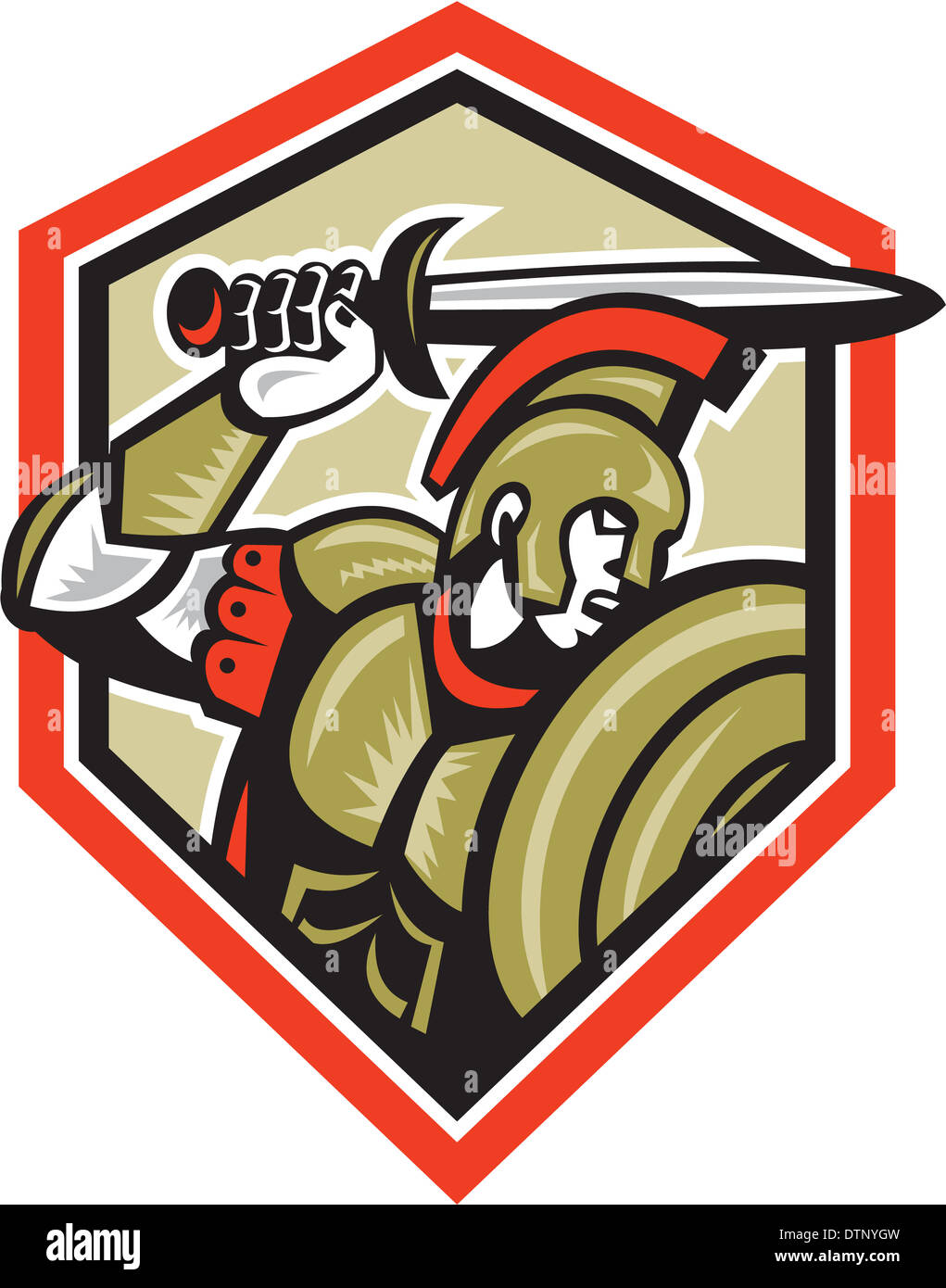 Illustration de centurion soldat romain gladiator attaquer avec une épée et un bouclier vu de côté situé à l'intérieur crest fait dans le style rétro sur fond isolé. Banque D'Images