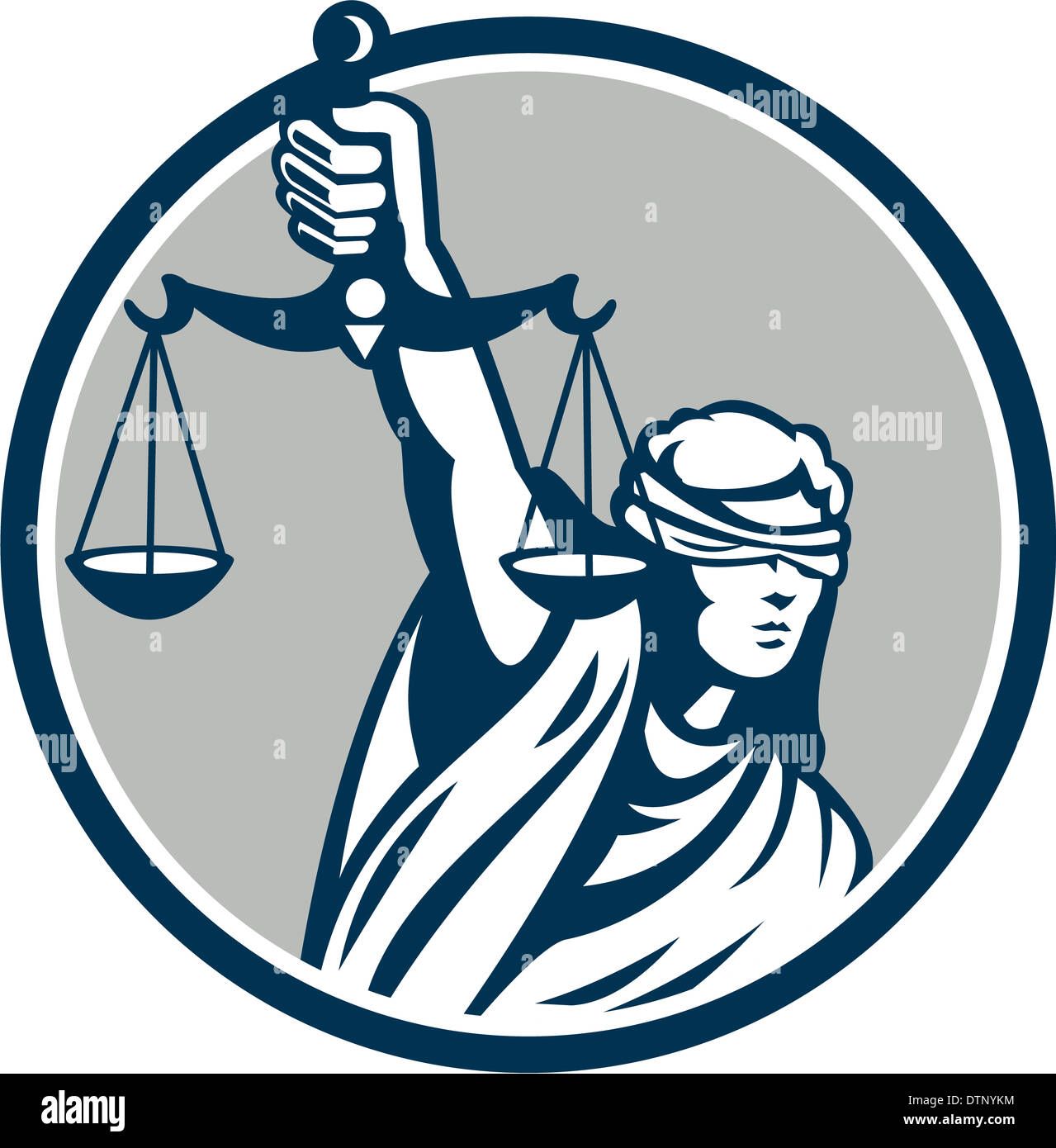 Illustration de la dame aux yeux bandés tenant face à l'avant et lever une balance de la justice a l'intérieur du cercle isolées sur fond blanc. Banque D'Images