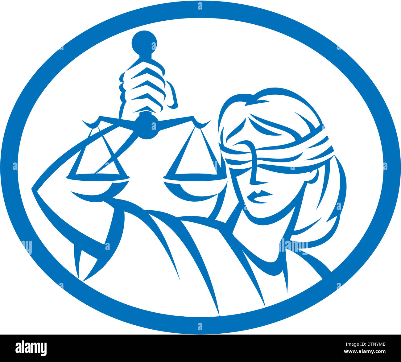 Illustration de la dame aux yeux bandés tenant face à l'avant et lever une balance de la justice a l'intérieur isolé ovale sur fond blanc. Banque D'Images
