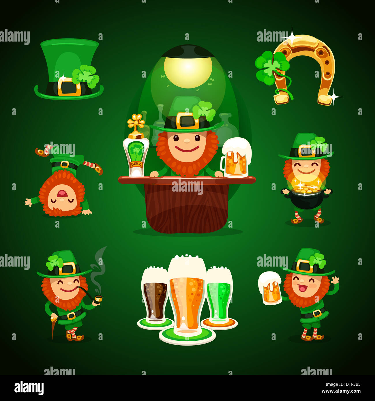 Jeu de poses et Patrick le jour de la Saint Patrick's de symboles. Dans le fichier EPS, chaque élément est regroupées séparément. Banque D'Images