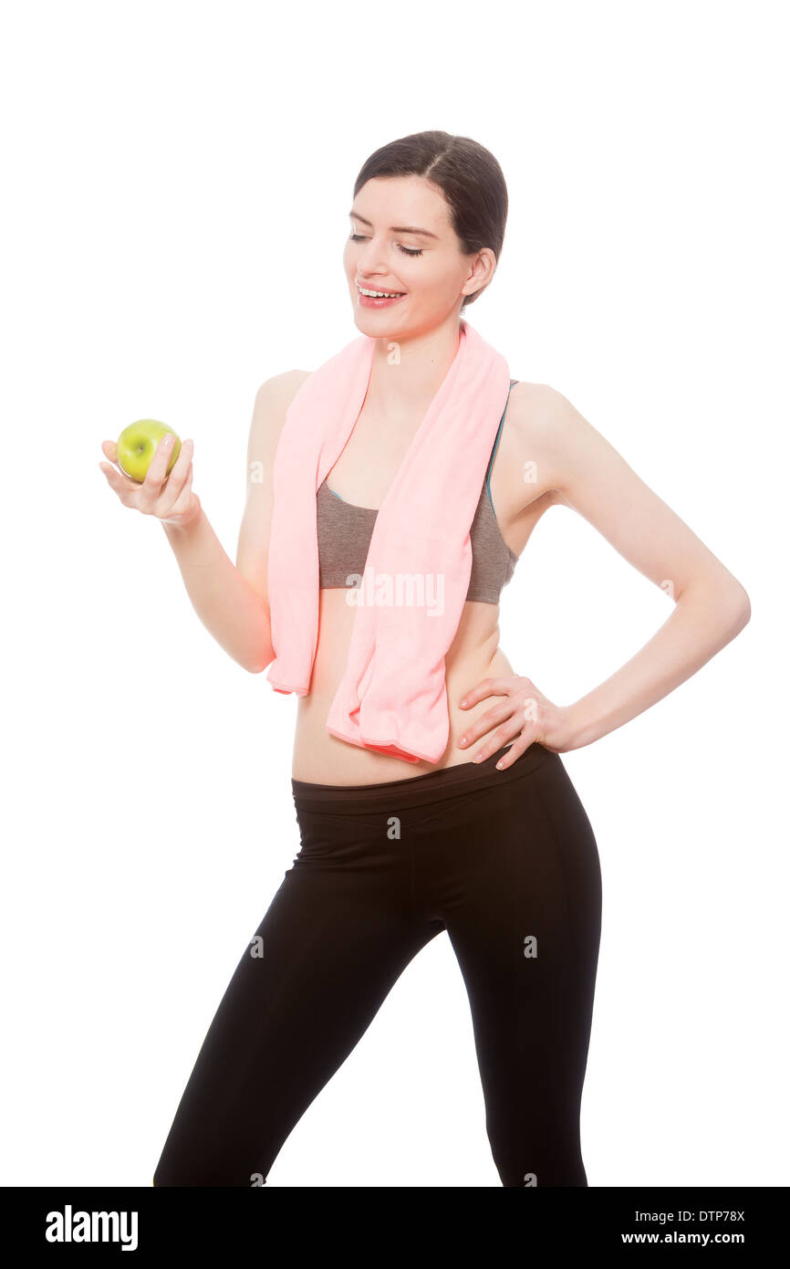 Modèle fitness avec pomme Banque D'Images