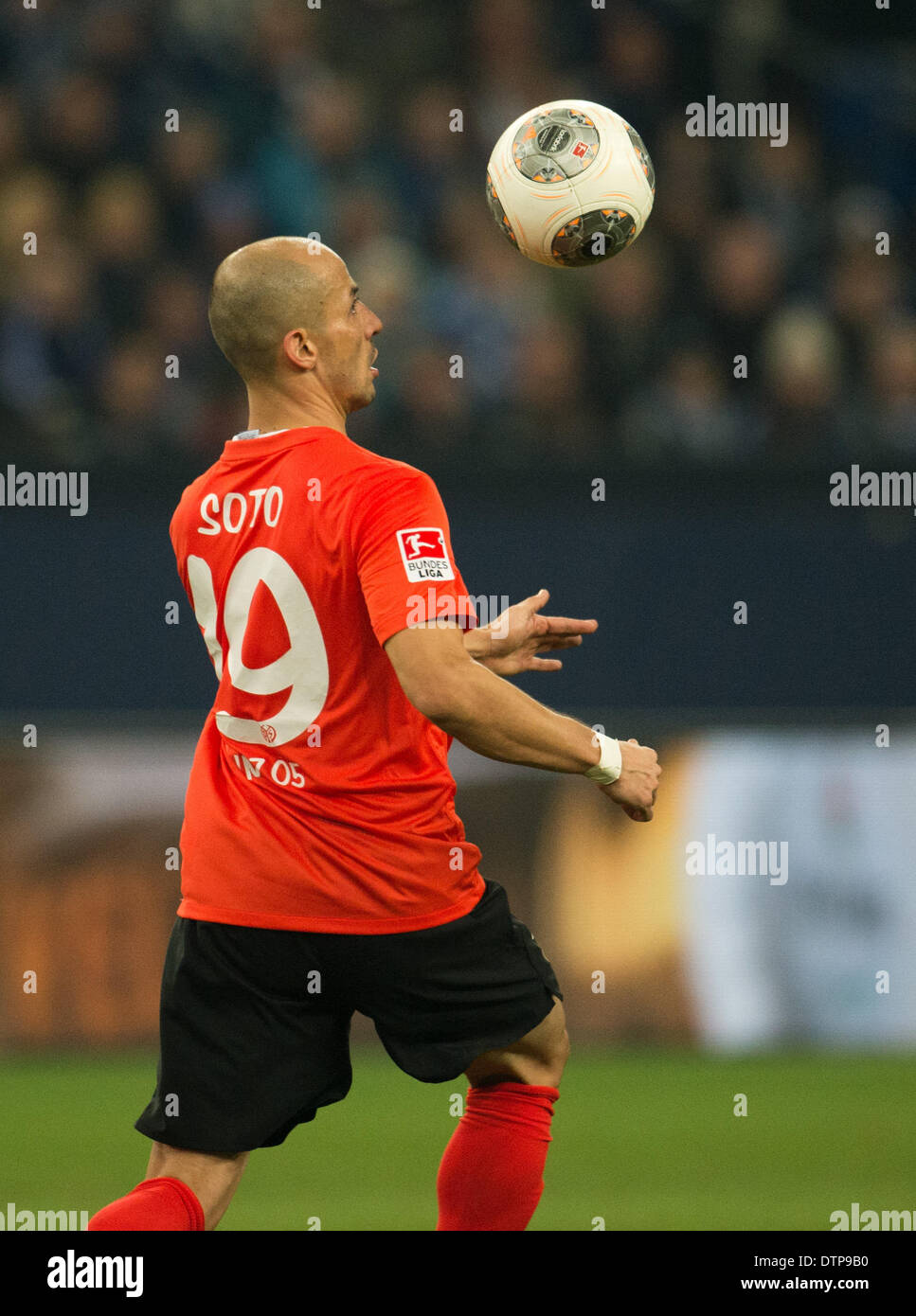 Gelsenkirchen, Allemagne. Feb 21, 2014. Mainz' Elkin Soto passe le ballon au cours de la Bundesliga match de football entre le FC Schalke 04 FSV Mainz 05 et à la Veltins Arena de Gelsenkirchen, Allemagne, 21 février 2014. Photo : BERND THISSEN/dpa/Alamy Live News Banque D'Images