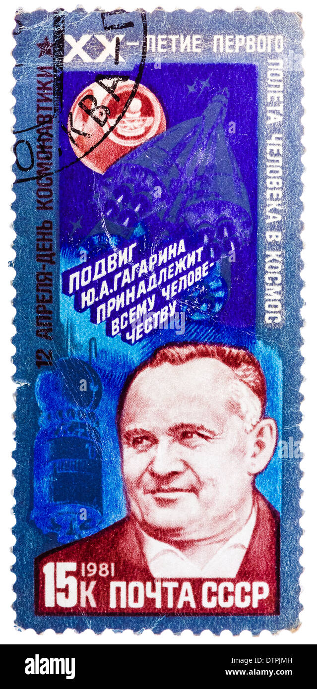 Timbres en URSS, montre l'engin spatial Korolev designer, 12 avril Journée de l'astronautique, 20 ans depuis le premier vol habité Banque D'Images