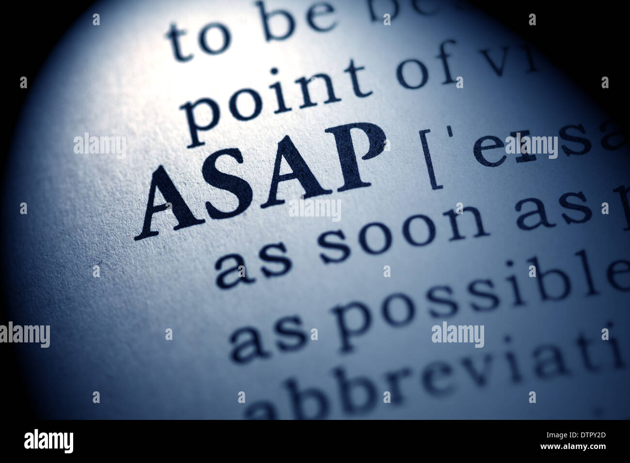 Faux dictionnaire, dictionnaire définition du mot ASAP. Dès que possible Banque D'Images