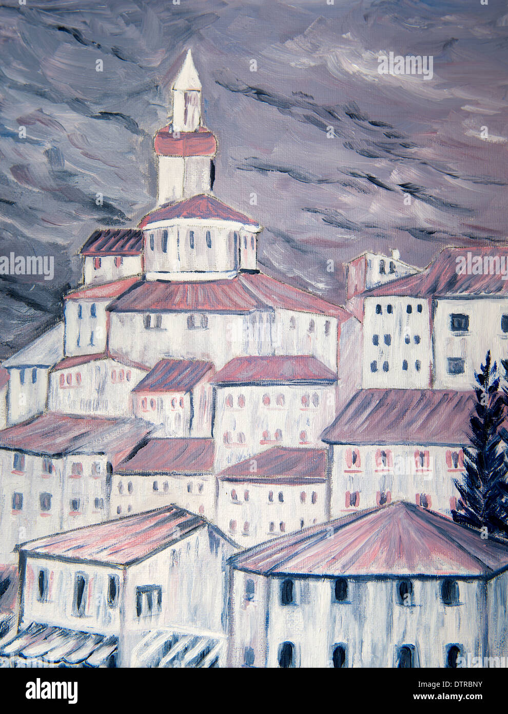 Peinture d'un village sur une colline Banque D'Images