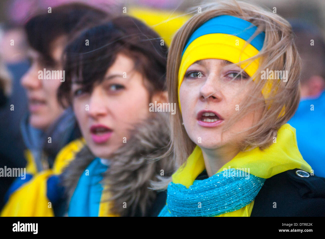 Londres, Royaume-Uni. Feb 23, 2014. Des centaines d'Ukrainiens ont formé une chaîne humaine sur le pont de Westminster pour célébrer la sortie de puissance du régime de Ianoukovitch, et pour pleurer les scores tués au cours de l'insurrection de Kiev dans la semaine précédente. Crédit : Paul Davey/Alamy Live News Banque D'Images