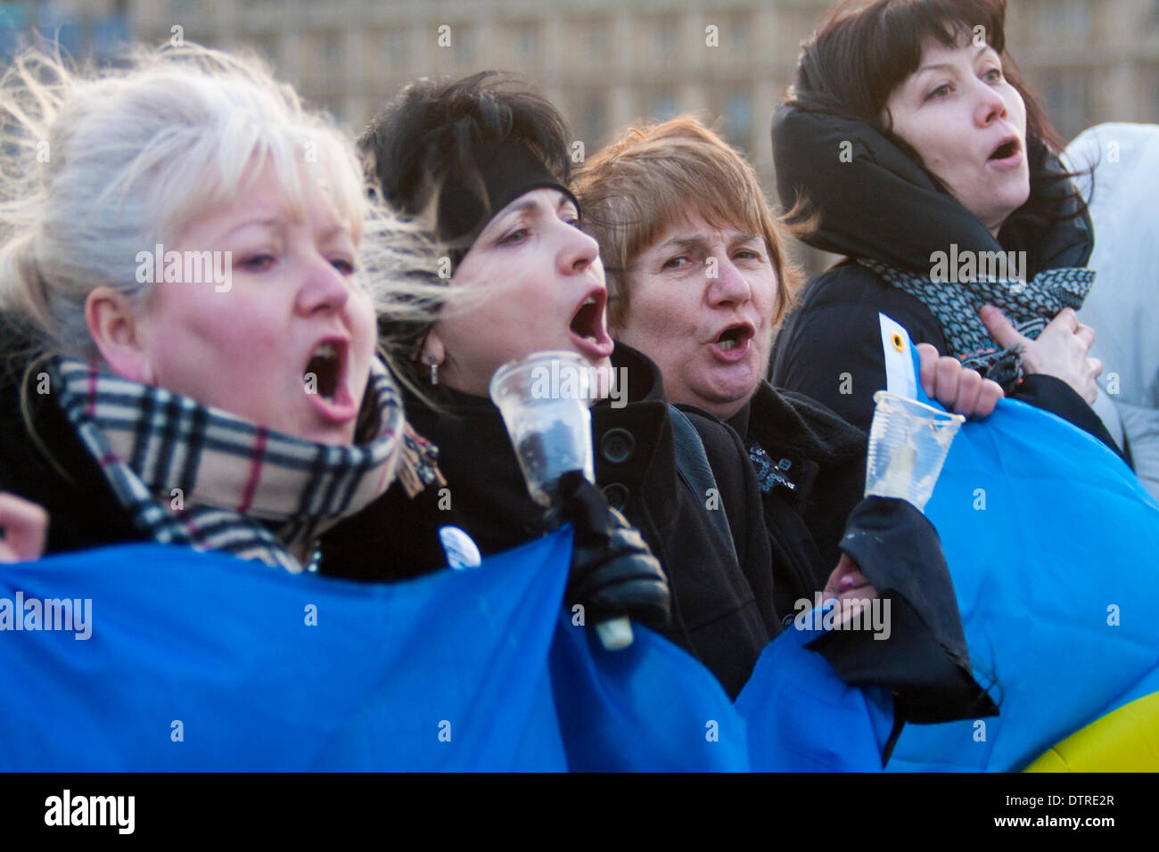 Londres, Royaume-Uni. Feb 23, 2014. Des centaines d'Ukrainiens ont formé une chaîne humaine sur le pont de Westminster pour célébrer la sortie de puissance du régime de Ianoukovitch, et pour pleurer les scores tués au cours de l'insurrection de Kiev dans la semaine précédente. Crédit : Paul Davey/Alamy Live News Banque D'Images