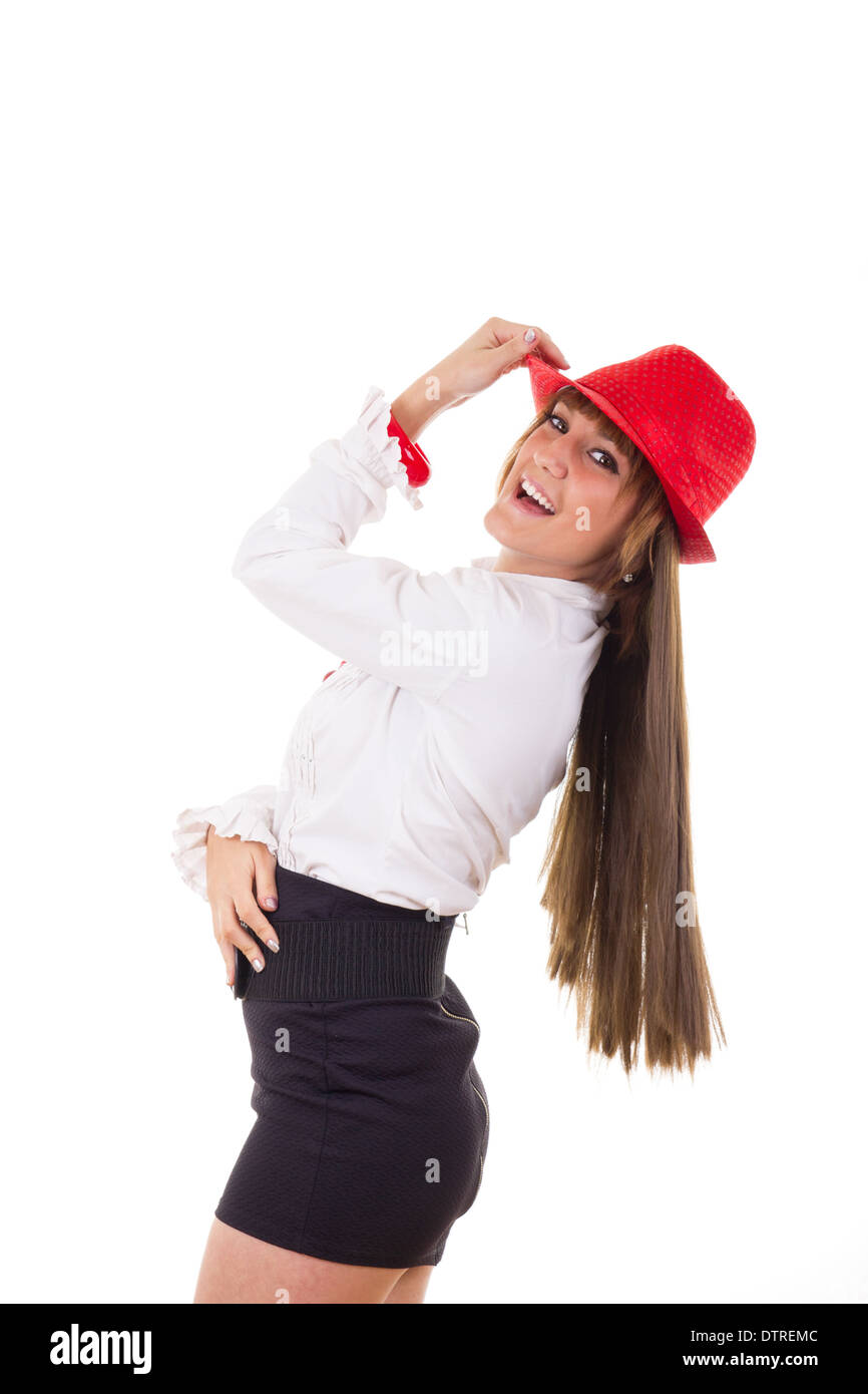Jolie fille avec la red hat smiling Banque D'Images