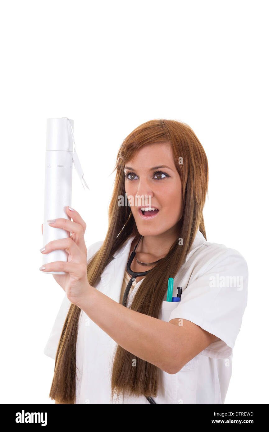 Médecin femme en uniforme blanc avec diplôme certificat Banque D'Images