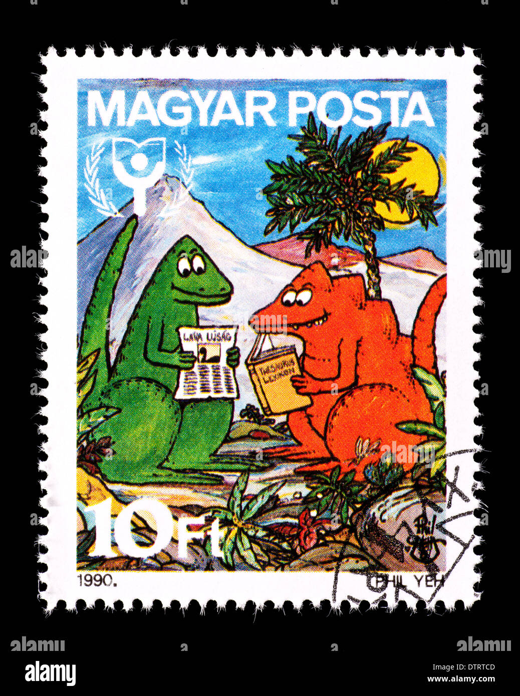 Timbre-poste de la Hongrie sur cartoon dinosaures, émis pour l'alphabétisation des enfants. Banque D'Images