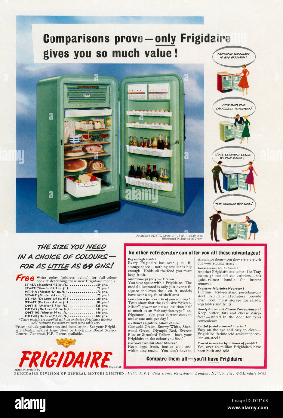 Ancienne publicité pour les réfrigérateurs Frigidaire. L'annonce a paru dans un magazine en 1956 Banque D'Images