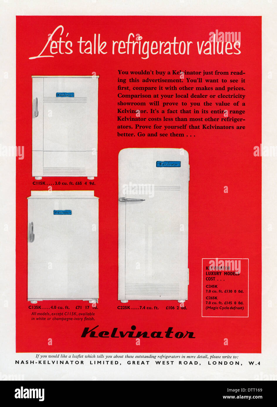 Ancienne publicité pour les réfrigérateurs Kelvinator. L'annonce a paru dans un magazine en 1956 Banque D'Images