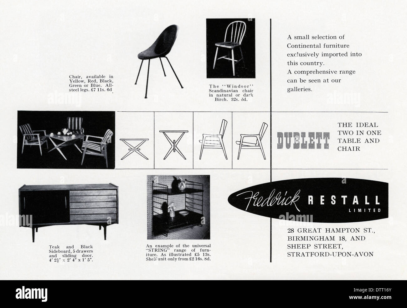 Ancienne publicité pour les meubles Frederick Restall, avec chaises, tables et buffets du milieu du siècle. La publicité est apparue dans un magazine en 1956 Banque D'Images