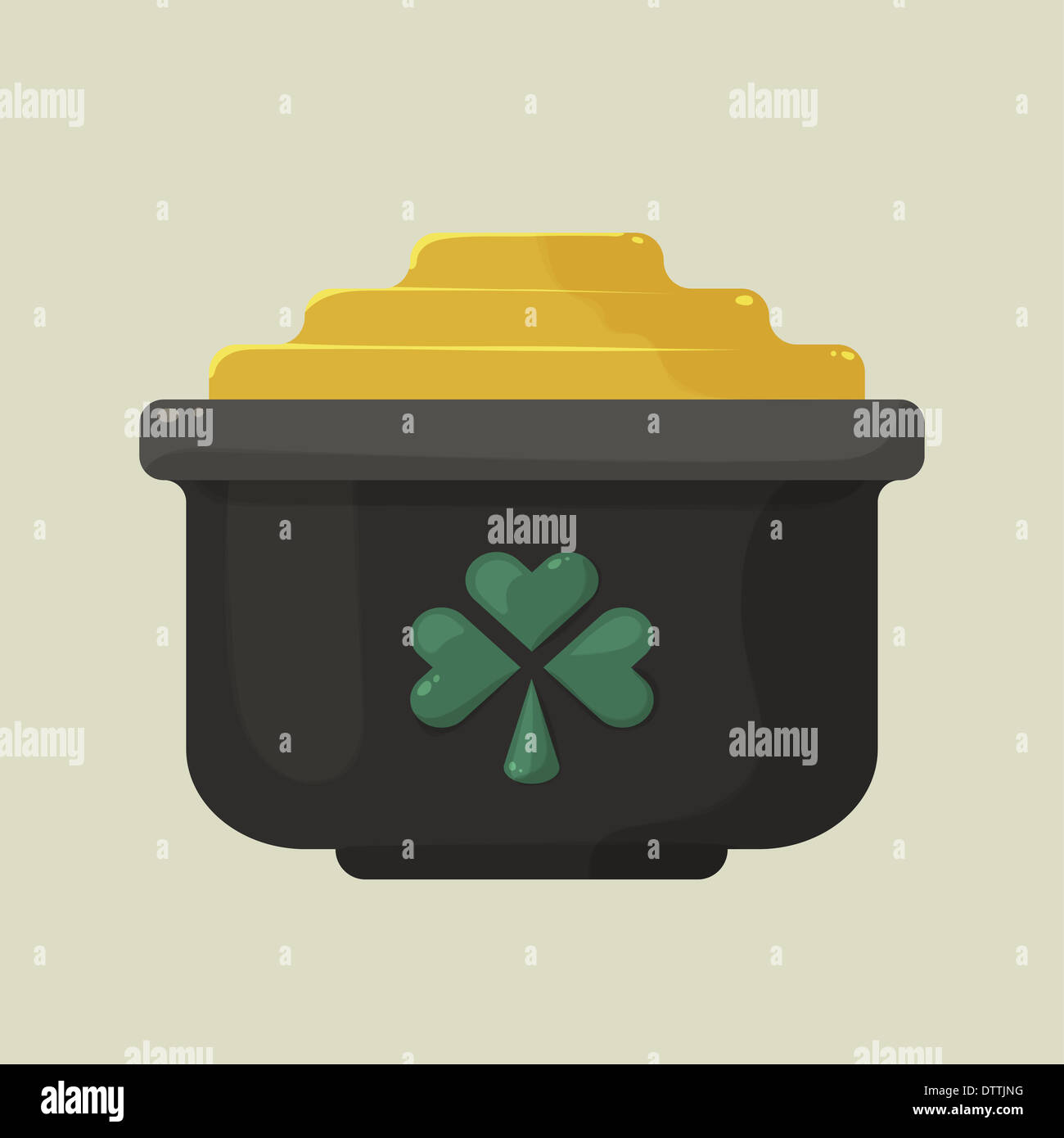 Brillant stylisé cartoon pot d'or avec un trèfle vert Banque D'Images