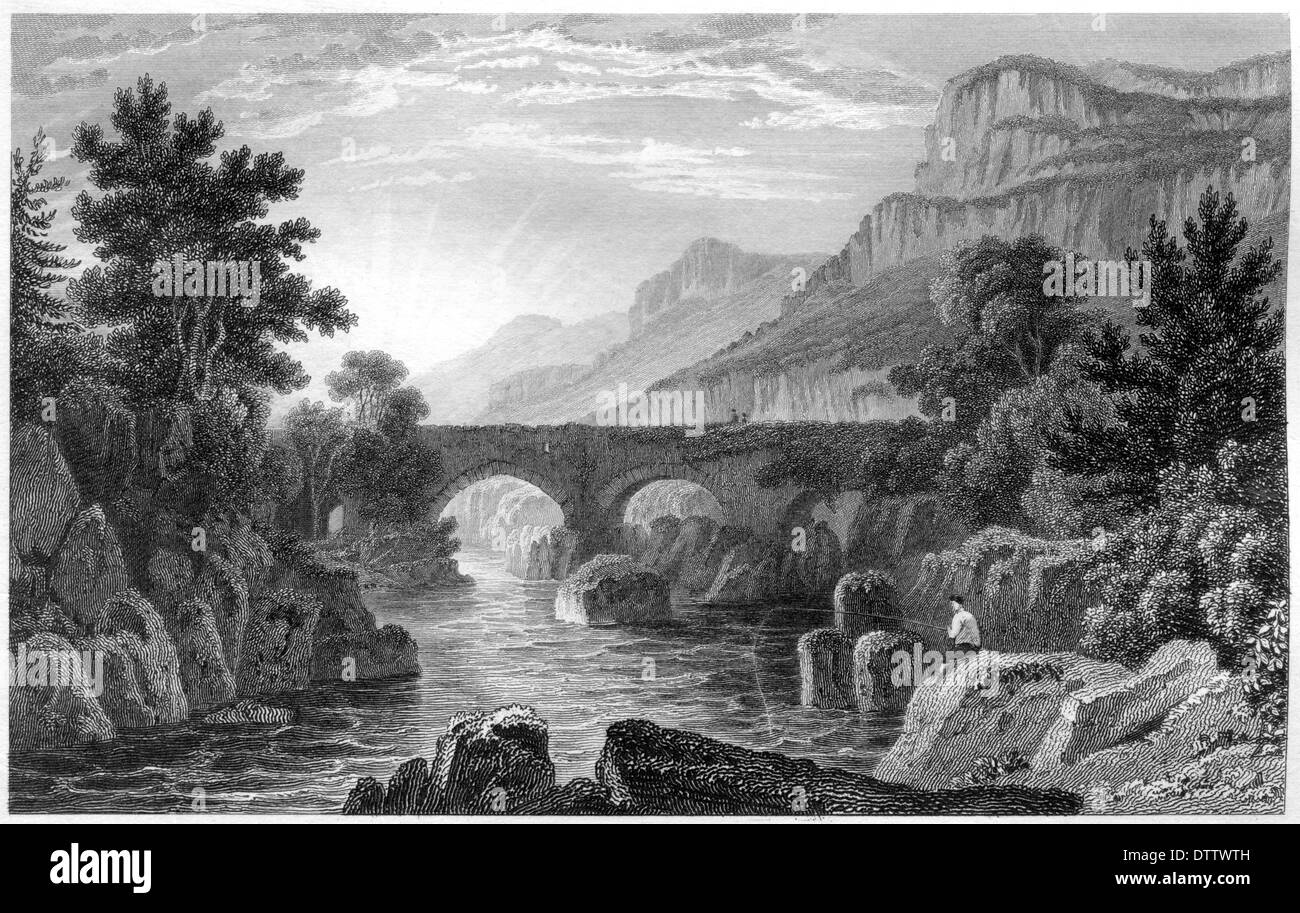 Une gravure intitulée "Pont Y paire, Caernarvonshire' numérisées à haute résolution à partir d'un livre publié dans les années 1830. Banque D'Images