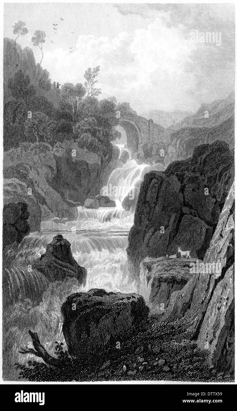 Gravure - "Pont Y Rhydlanfair, près de Capel Curig, Caernarvonshire' numérisées à haute res. à partir d'un livre publié dans les années 1830. Banque D'Images