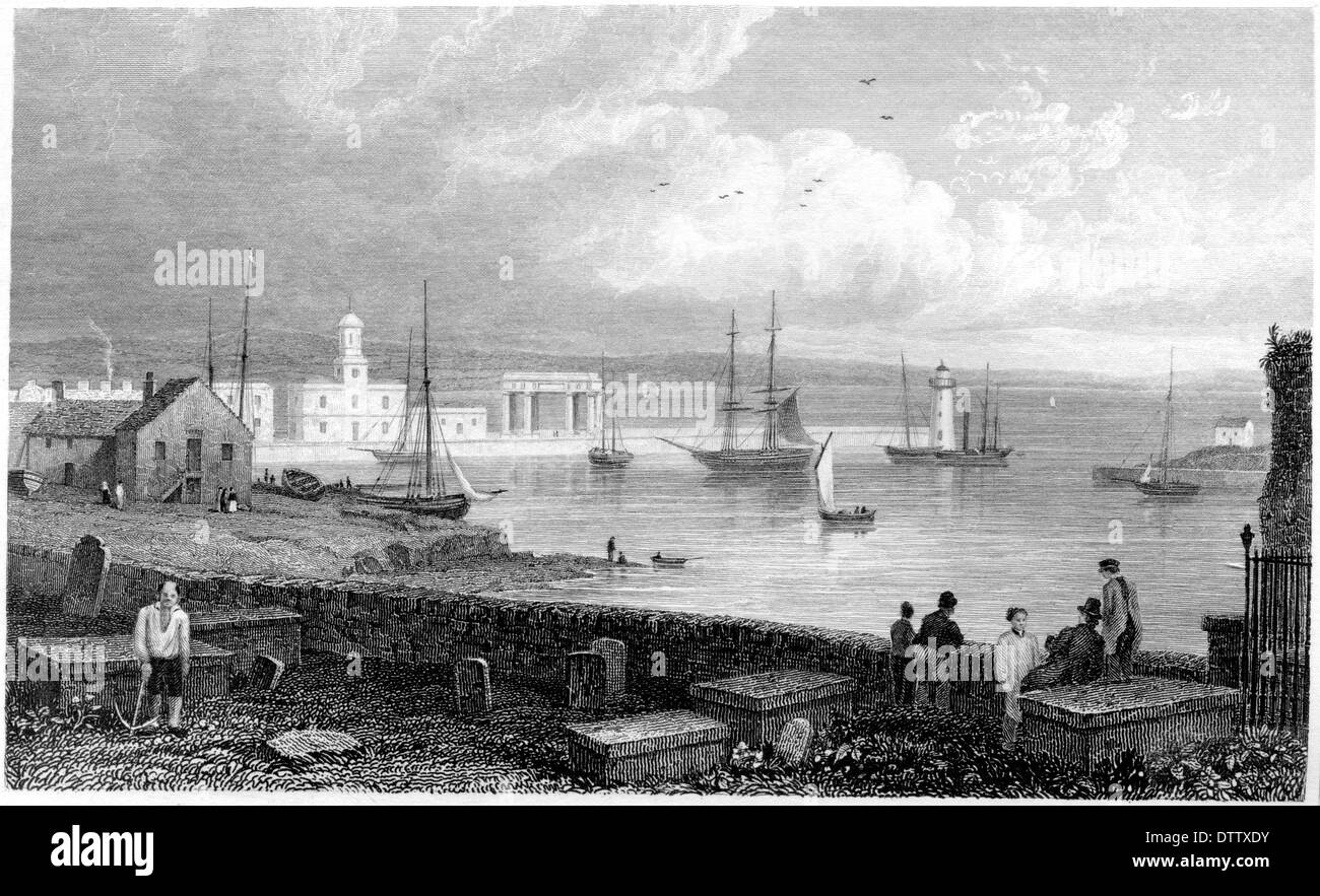 Une gravure intitulée "Le port, Holyhead' numérisées à haute résolution à partir d'un livre publié dans les années 1830. Banque D'Images