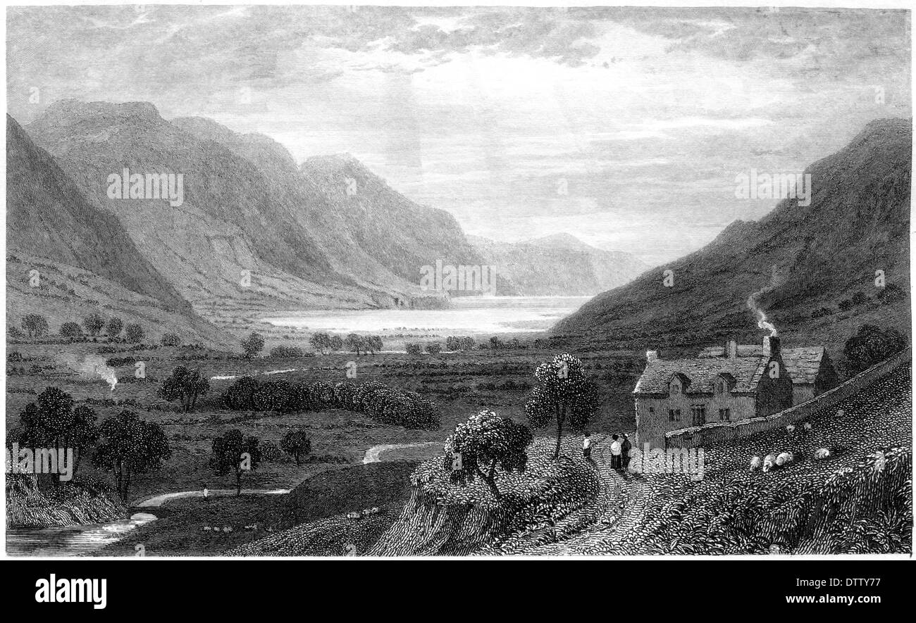 Une gravure intitulée "Tal y Llyn, Merionethshire' numérisées à haute résolution à partir d'un livre publié dans les années 1830. Banque D'Images