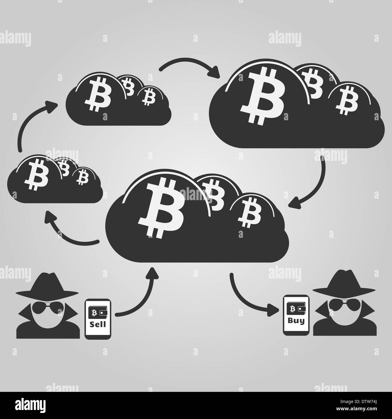 Illustration de circulation anonyme bitcoin entre le vendeur et l'acheteur, en utilisant le service en ligne cloud. Banque D'Images