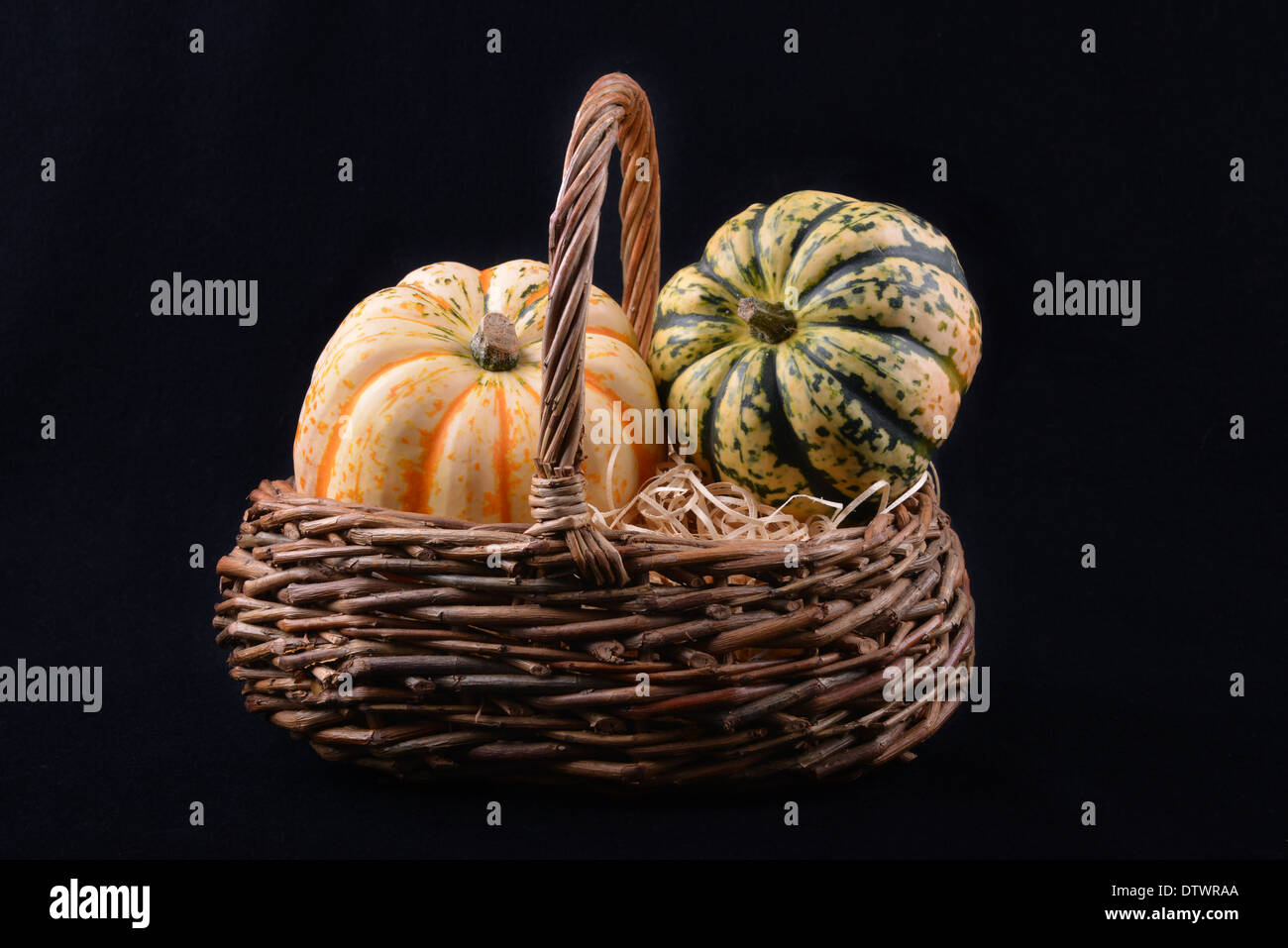 Citrouilles et courges dans un panier en osier Banque D'Images