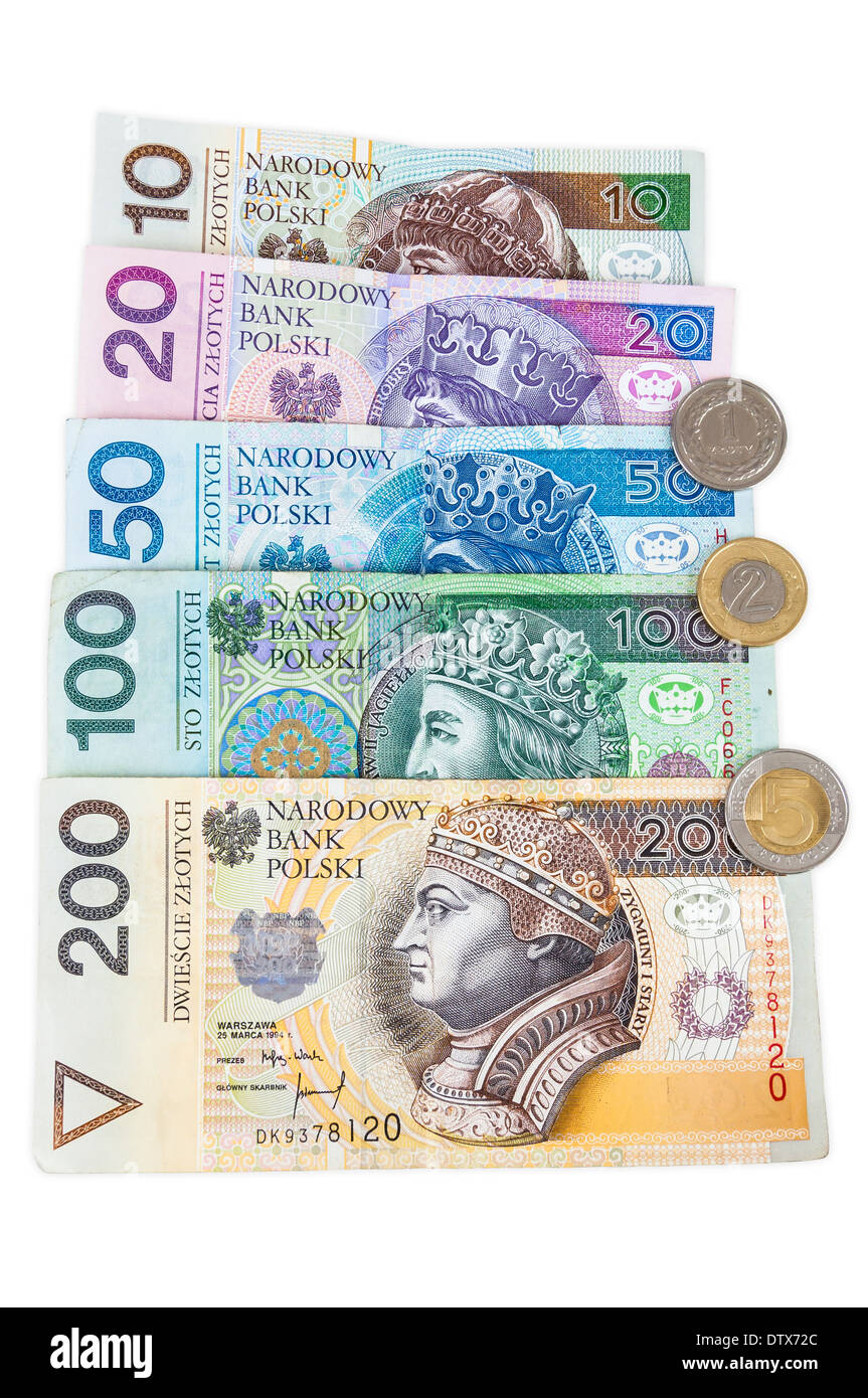 Ensemble de pièces et billets polonais isolé sur fond blanc avec clipping path Banque D'Images