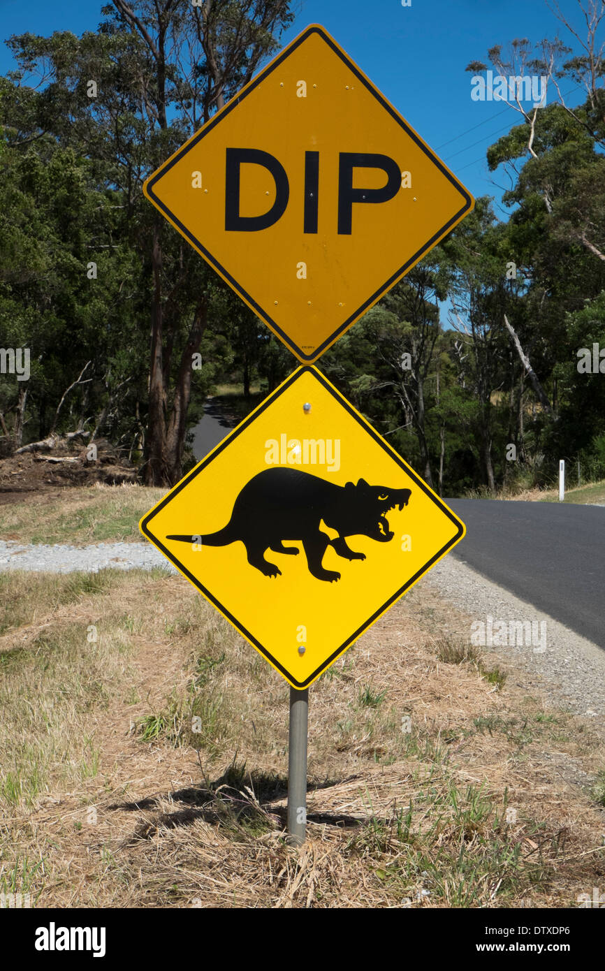 Diable de Tasmanie la signalisation routière près de Marrawah, Arthur River, New Caledonia Banque D'Images