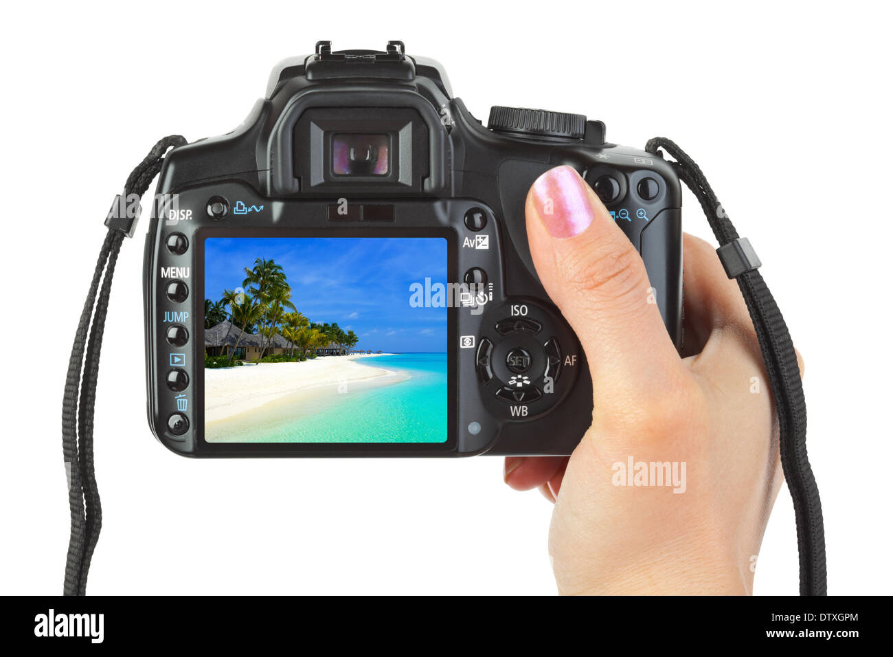 Appareil photo en main et paysage plage Banque D'Images