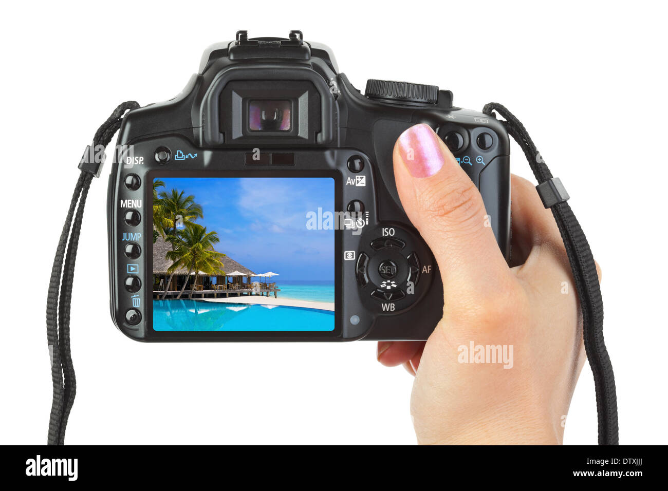 Appareil photo en main et paysage plage Banque D'Images