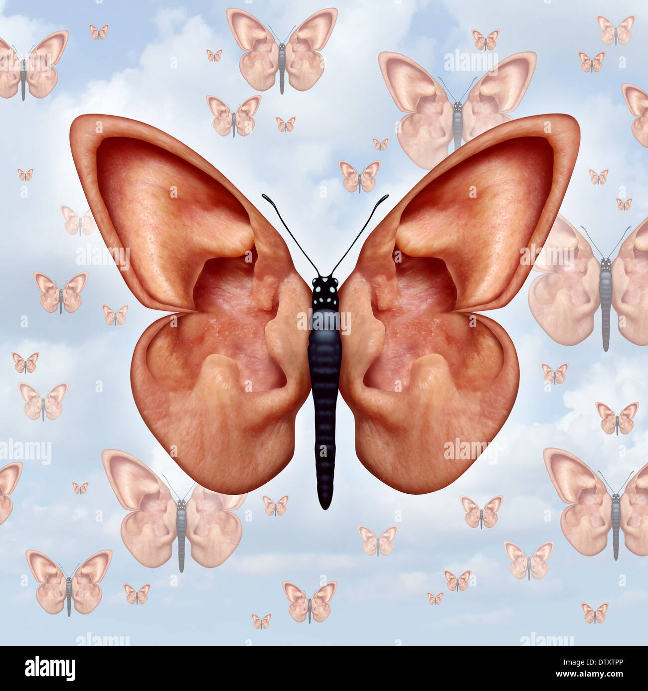 La liberté d'information et de confidentialité concept avec deux oreilles humaines sous forme d'un vol de papillon à ailes ouvertes comme une communicatio Banque D'Images
