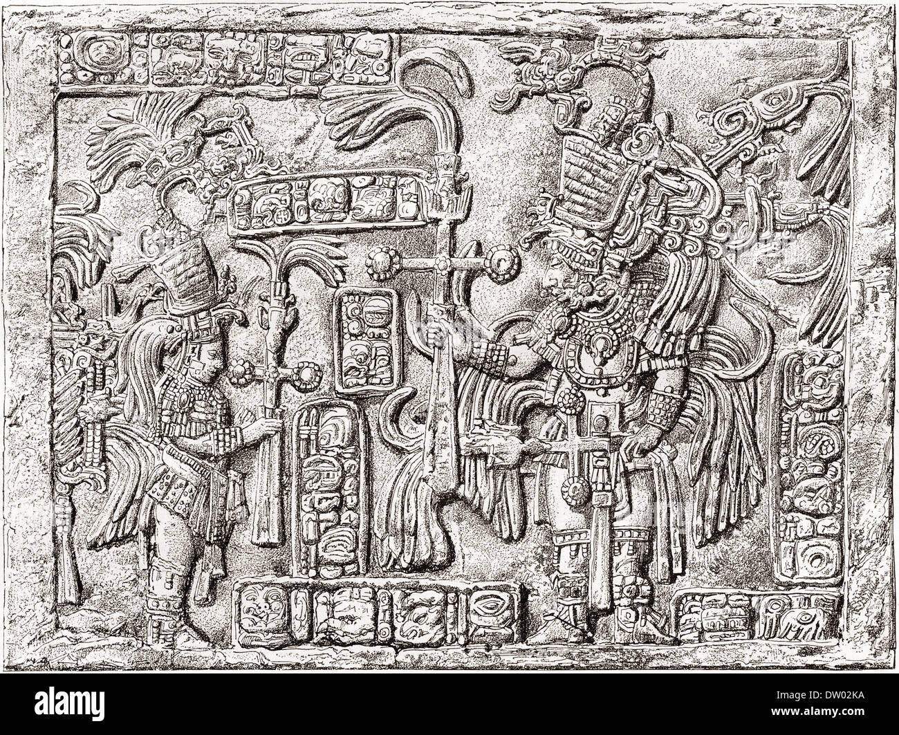 Linteau décoratif de l'ancienne ville maya de Yaxchilan, Chiapas, Mexique. Banque D'Images