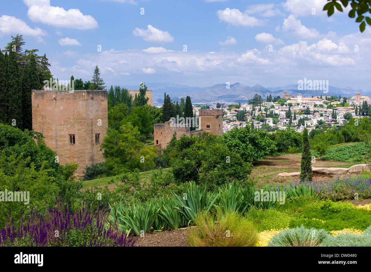 Vue de la colline vu Sabikah du palais de l'Alhambra, Grenade, Andalousie, Espagne Banque D'Images