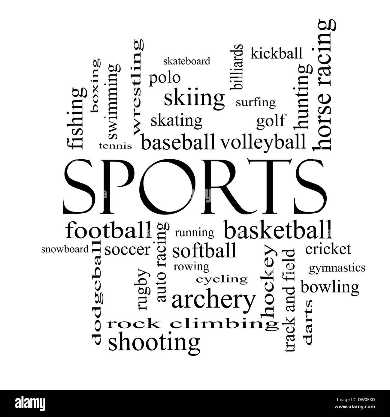 Sports Word Concept Cloud en noir et blanc avec beaucoup de termes tels que le football, le base-ball, basket-ball et plus encore. Banque D'Images
