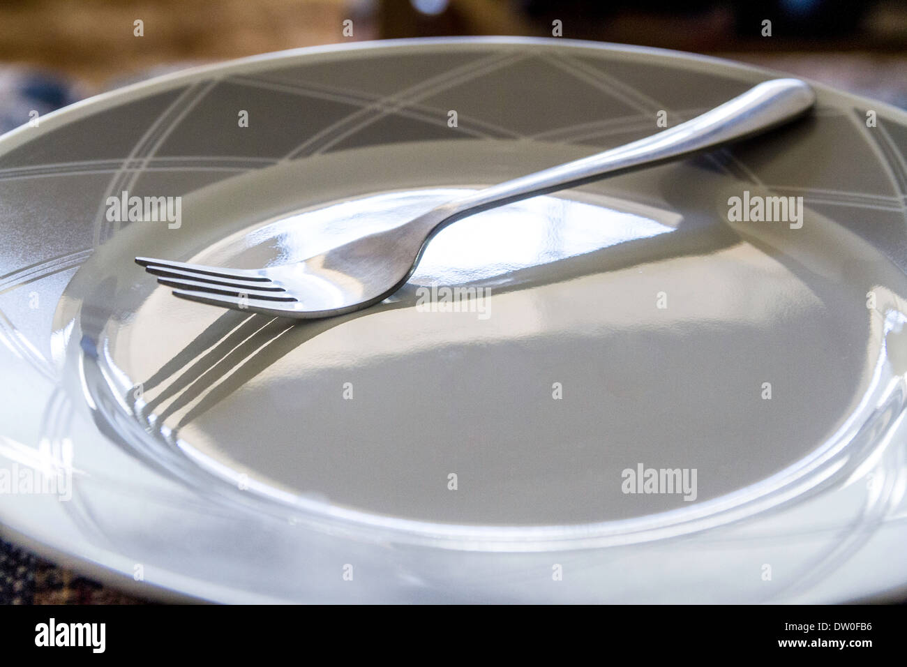 Une plaque blanche avec garniture gris Corelle faites par Corning Glass Banque D'Images Une plaque blanche avec garniture gris Corelle faites par Corning Glass Banque D'Images