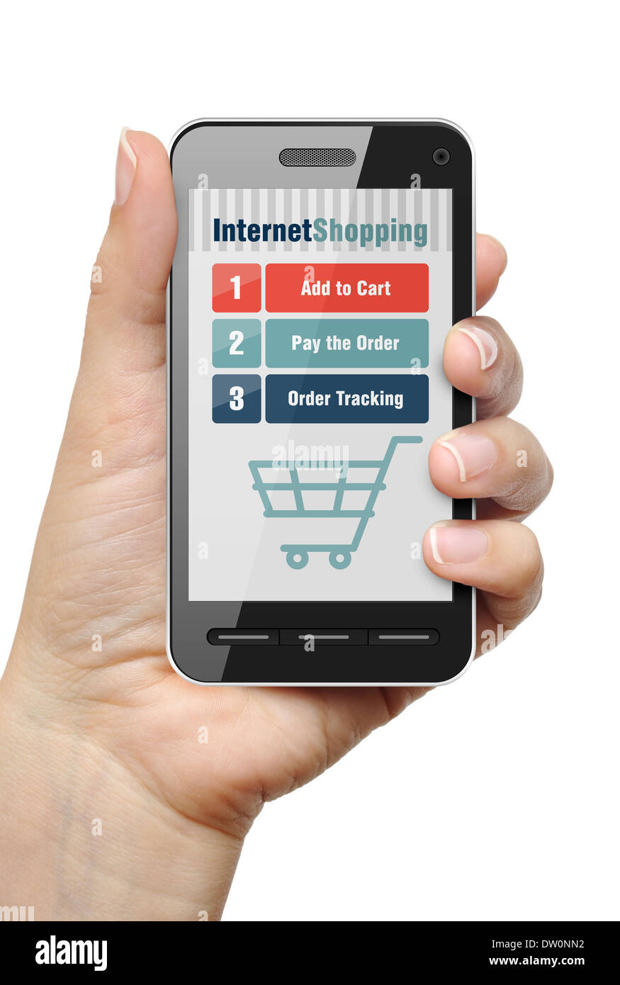 Téléphone mobile dans la main féminine avec internet shop app Banque D'Images