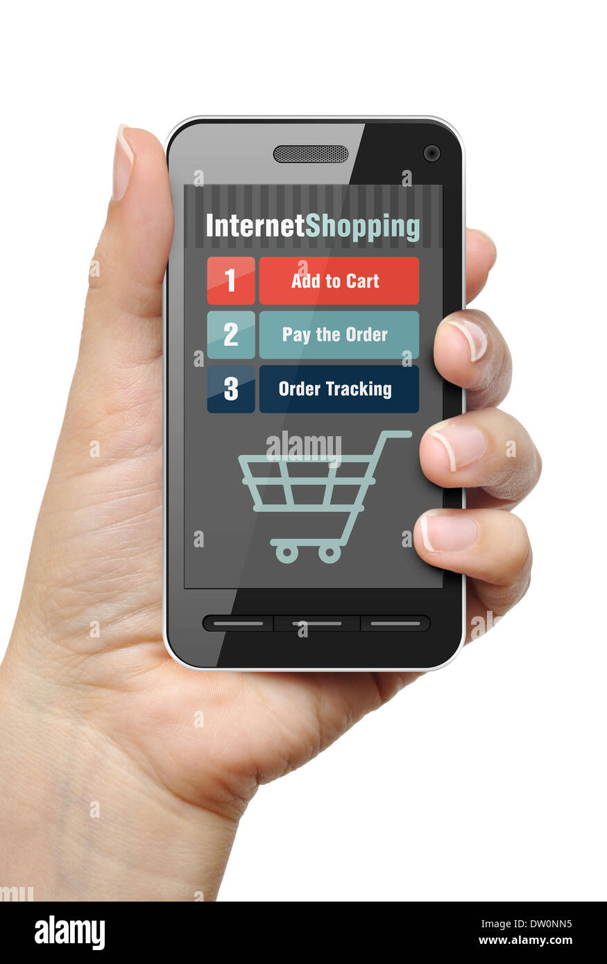 Téléphone mobile dans la main féminine avec internet shop app Banque D'Images