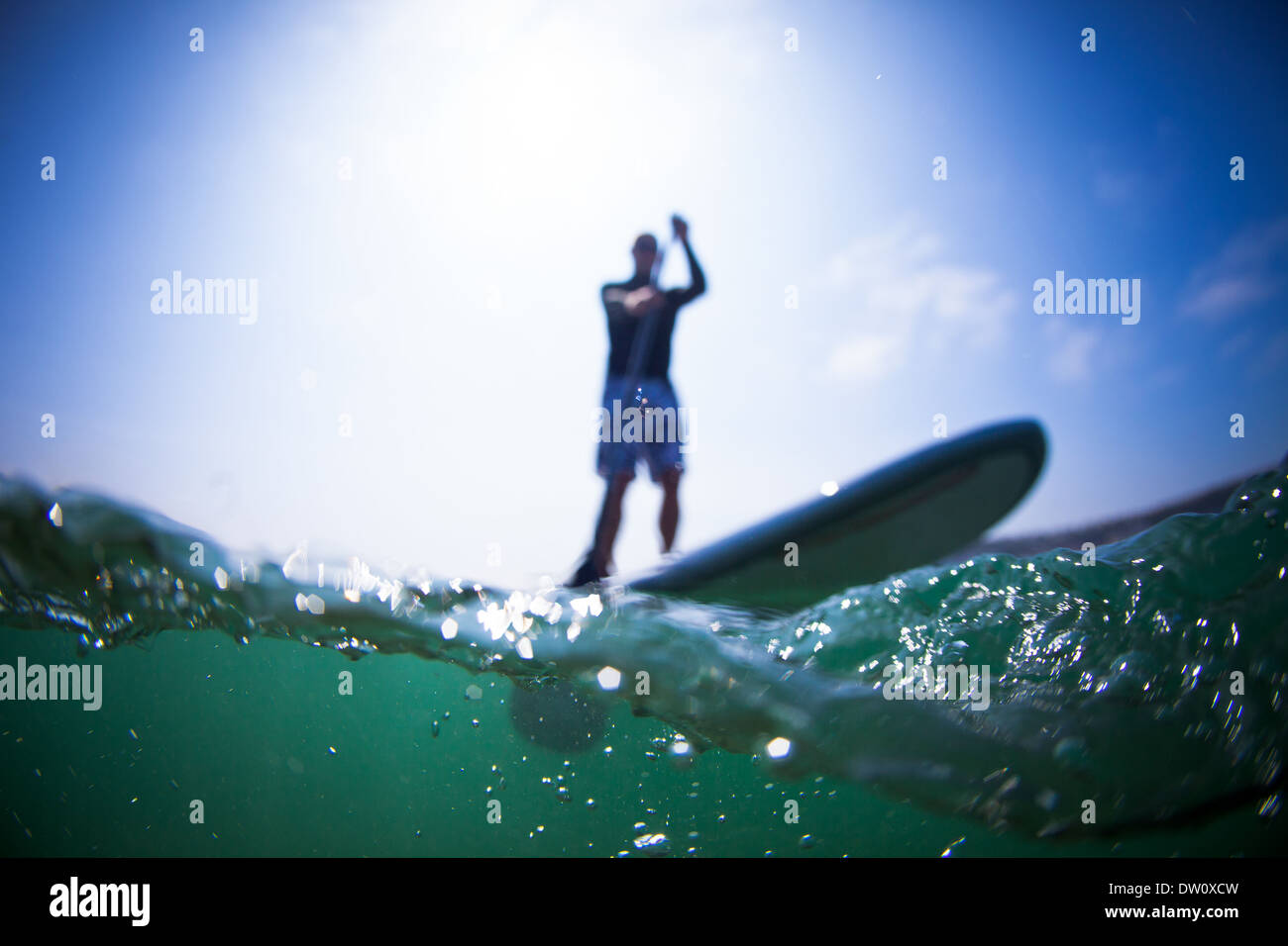 Stand up paddles paddleboarder dans le Nord du Devon est clair les eaux de l'Atlantique en été. Banque D'Images