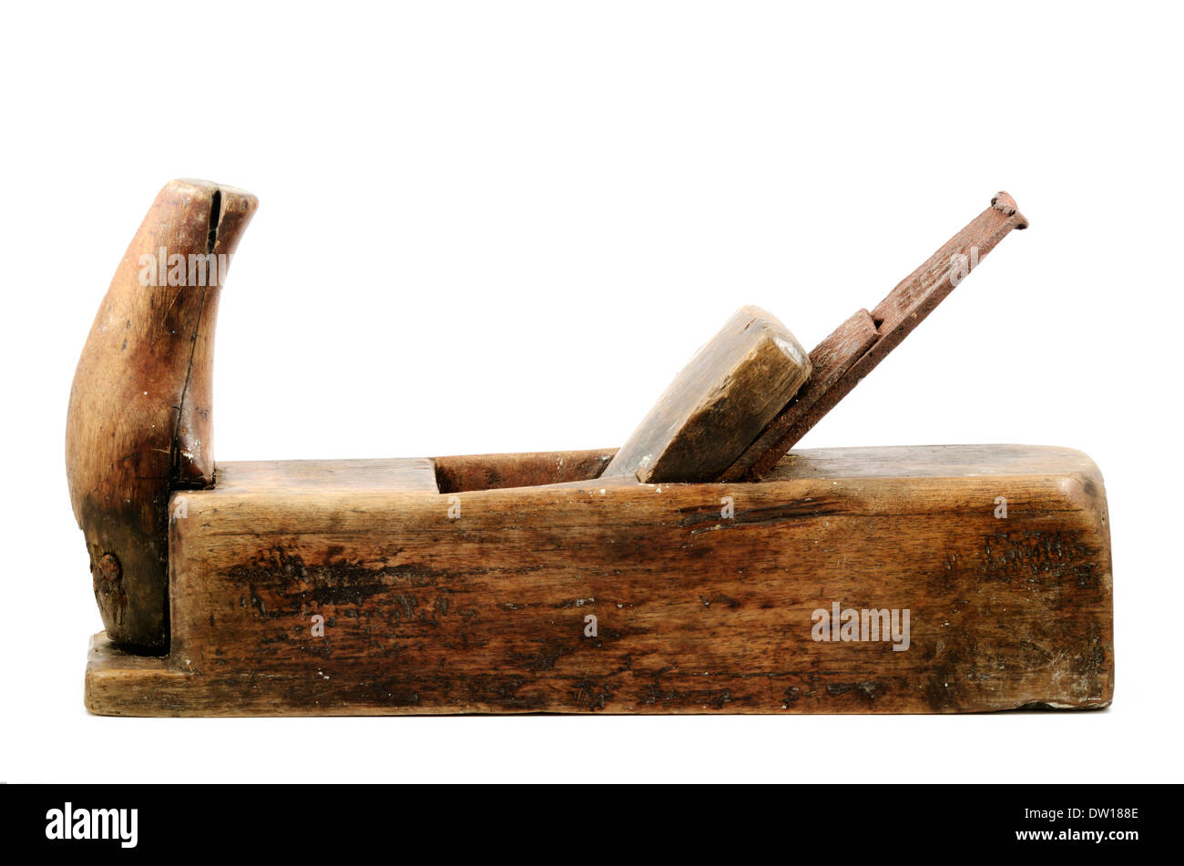 Ancien avion en bois sur fond blanc Banque D'Images