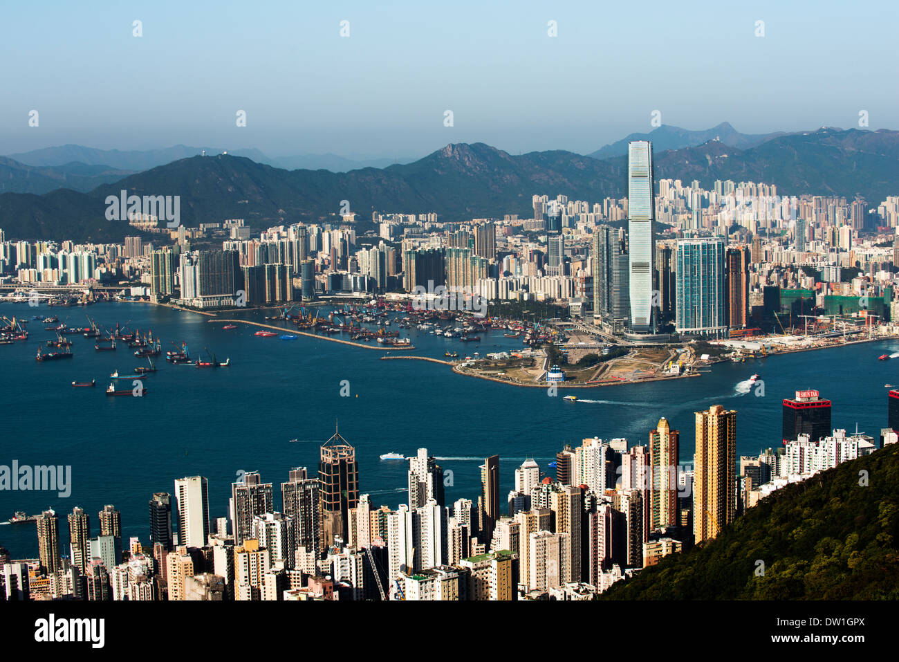 Victoria Harbour et district Sheung Wan à Hong Kong. Banque D'Images