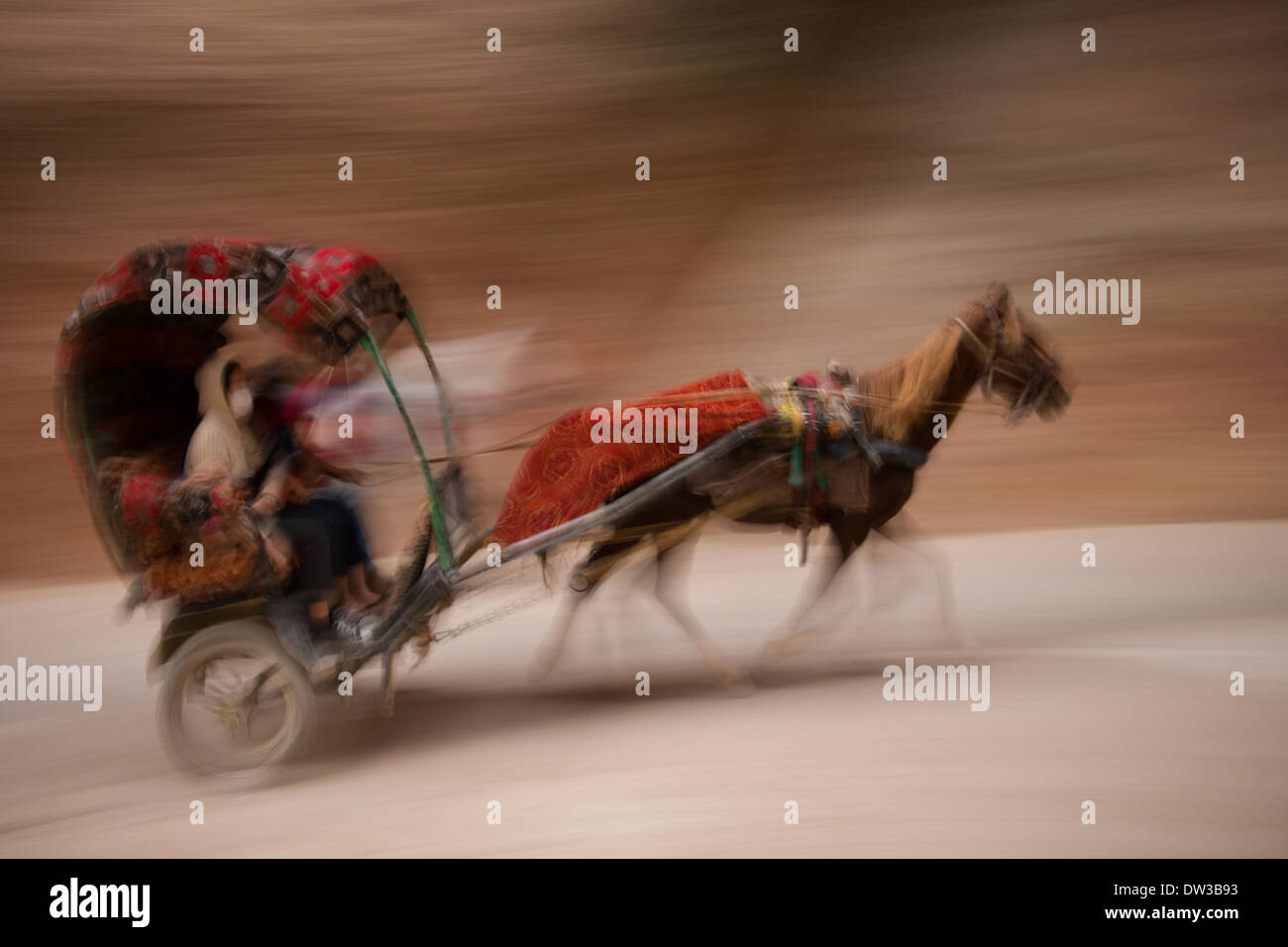Transport de chevaux au galop en passant par le siq, Petra, Jordanie Banque D'Images