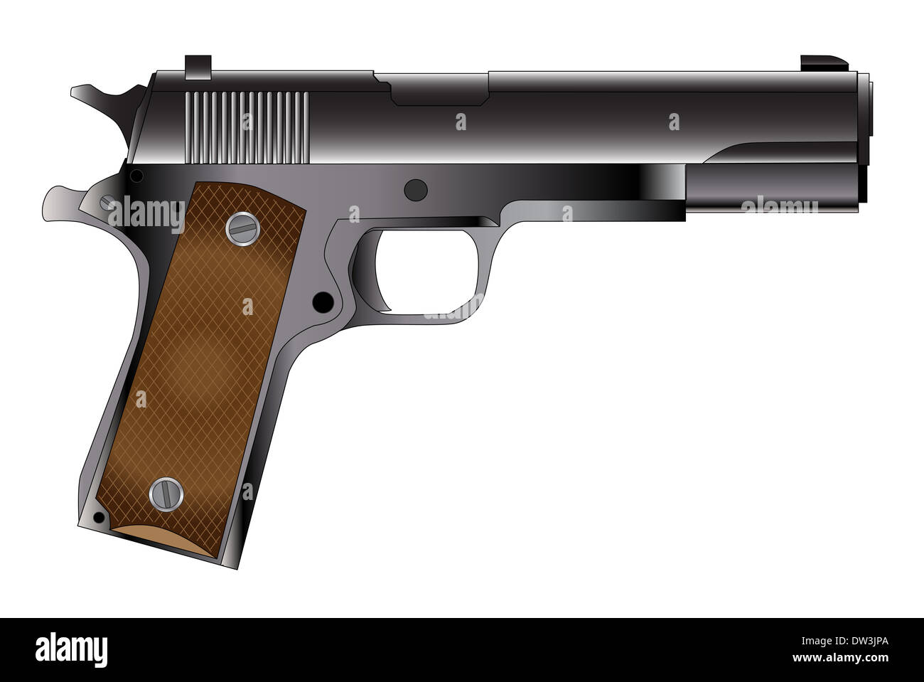 Un pistolet automatique 45 typique isolé sur blanc. Banque D'Images