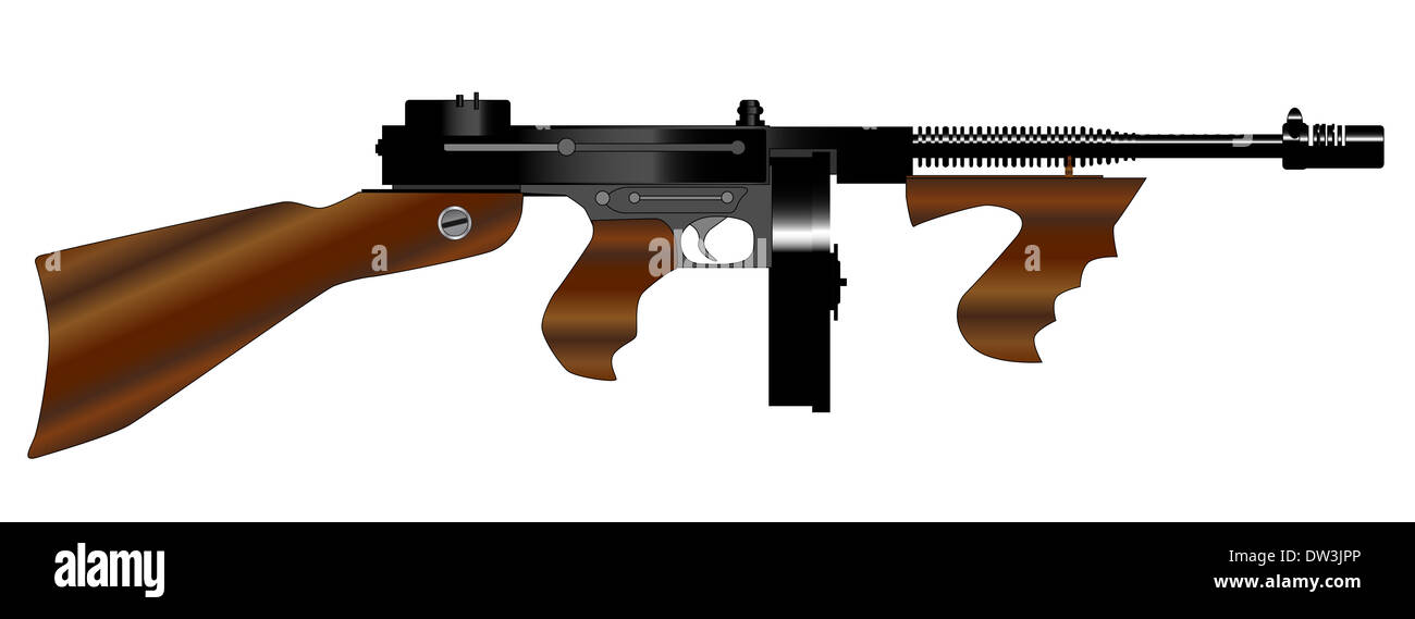 Un Tommy gun comme utilisé par des gangsters dans les années folles, isolé sur fond blanc. Banque D'Images