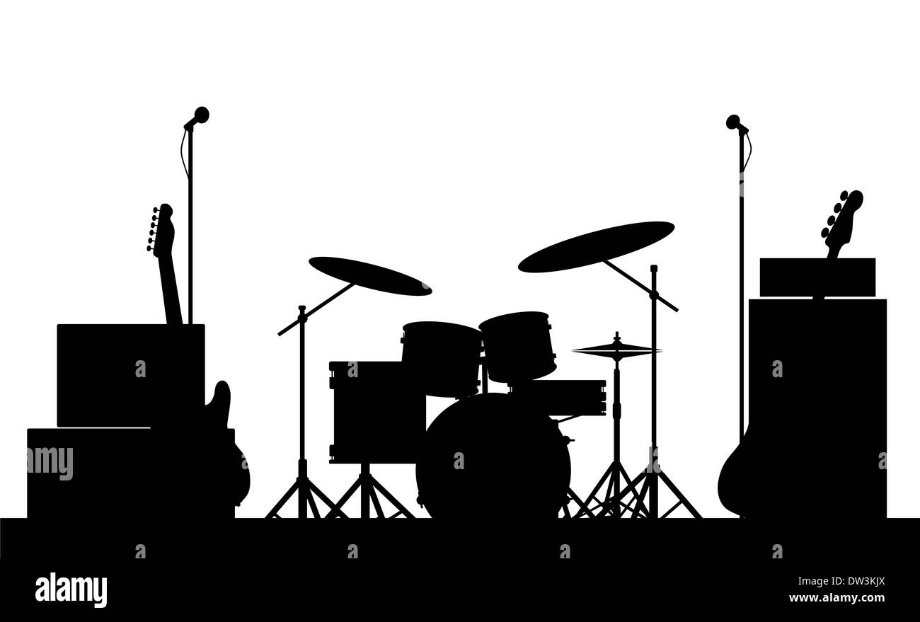 Silhouette d'un équipement de rock sur scène isolated on white Banque D'Images